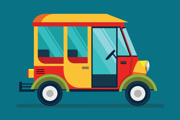 Fototapeta premium The auto rickshaw, painted in bright yellow and red colors, stands still against a bold blue backdrop, highlighting its playful and iconic shape.
