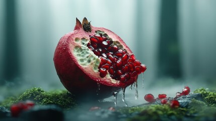 A beautifully captured pomegranate half shows its shiny seeds and vibrant juice, resting on mossy rock, surrounded by a dreamy mist that enhances its allure and freshness.