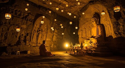 Serene contemplation: Monk meditating before ancient Buddha carvings in sacred cave