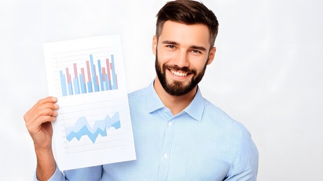 Man smiling holding a data chart with bar graphs and line graphs in a light blue striped shirt