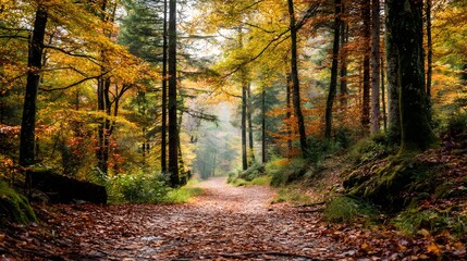 Obraz premium A forest path covered in fallen leaves with trees in autumn colors on either side of the path