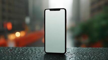 Black smartphone with a blank white screen lying on a black surface with water droplets scattered around it. the background is blurred, but it appears to be a city street with buildings and lights.