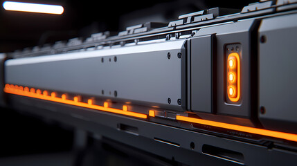 A sleek, futuristic machine part with glowing orange lights and a metallic surface in a dark setting.
