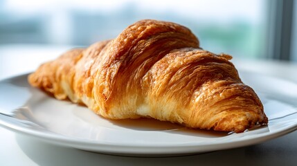 A single croissant on a white plate in soft light showcasing flaky layers and golden brown color