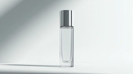 Elegant clear glass bottle with a silver cap stands on a pristine white surface, bathed in soft