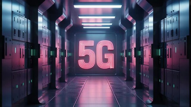 Glowing 5g logo illuminating futuristic server room, representing cutting edge wireless network infrastructure and technological innovation.