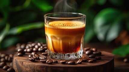 Glass Of Espresso With Steam And Coffee Beans On Wooden Surface Near Green Foliage