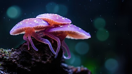 Three vibrant, glowing jellyfish float gracefully in the dark depths of the ocean, creating a mesmerizing scene that embodies beauty and tranquility in marine life.