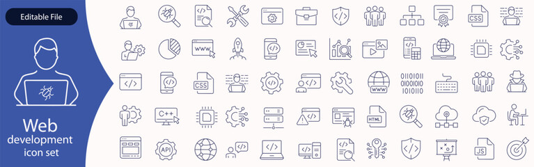 Web development set of web icons in line style. Developer icons for web and mobile app. Code, api, programmer coding, app, flow, node connect, web coder, bug fix and more. Vector illustration