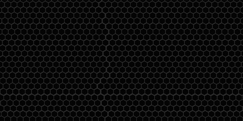 Dark grey abstract wide horizontal banner with hexagon carbon fiber grid and orange luminous lines. Technology vector background with orange neon lines