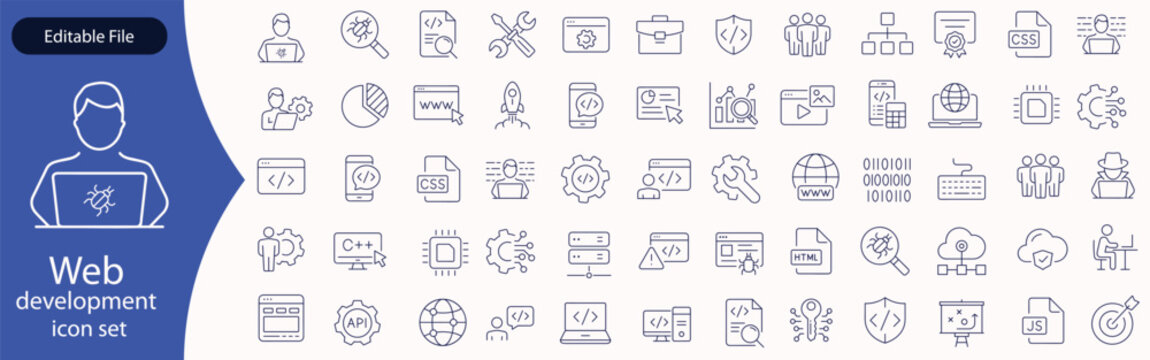 Web development set of web icons in line style. Developer icons for web and mobile app. Code, api, programmer coding, app, flow, node connect, web coder, bug fix and more. Vector illustration