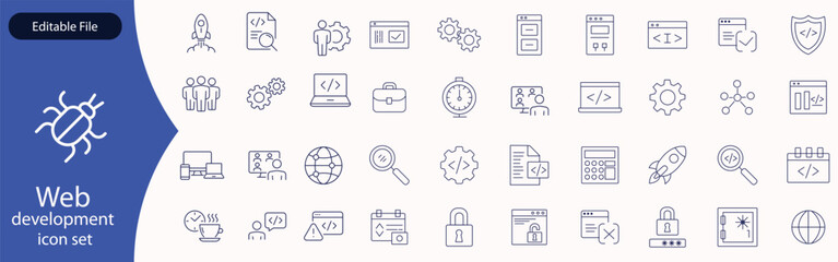 Web development set of web icons in line style. Developer icons for web and mobile app. Code, api, programmer coding, app, flow, node connect, web coder, bug fix and more. Vector illustration