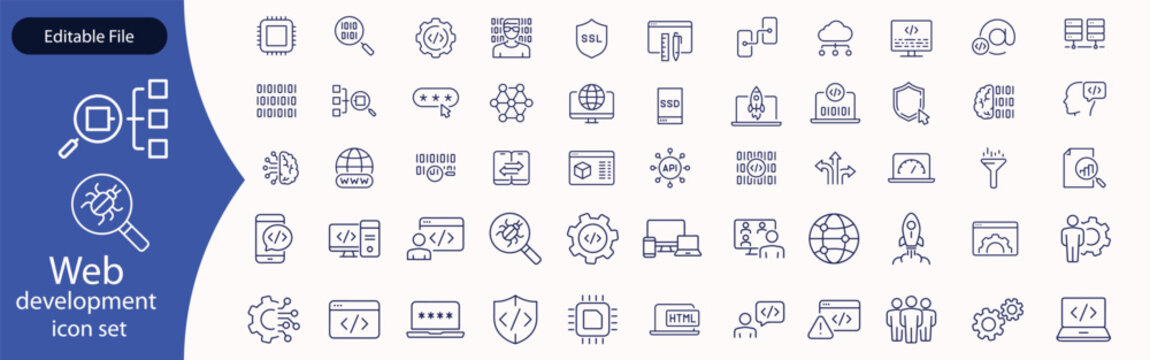 Web development set of web icons in line style. Developer icons for web and mobile app. Code, api, programmer coding, app, flow, node connect, web coder, bug fix and more. Vector illustration