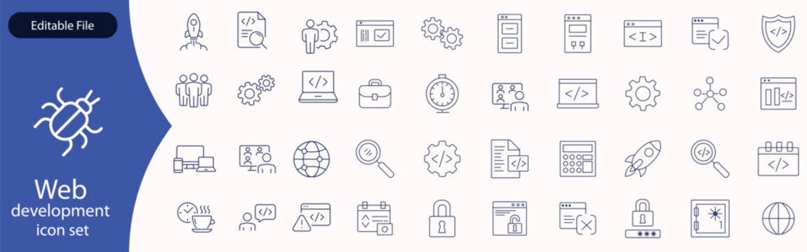 Web development set of web icons in line style. Developer icons for web and mobile app. Code, api, programmer coding, app, flow, node connect, web coder, bug fix and more. Vector illustration