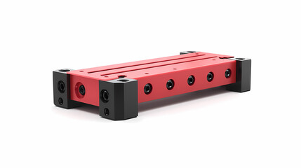 Rectangular red linear actuator or industrial slide with black end blocks and multiple mounting holes, isolated on a white background.