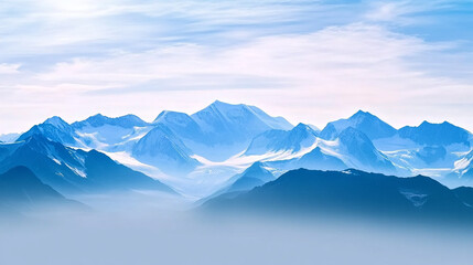 Obraz premium Scenic View of Snow-Capped Mountains with Blue Sky and Mist
