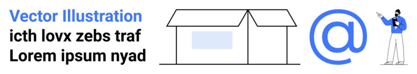 Fototapeta premium House structure, large email sign, a person pointing. Ideal for communication, networking, technology, online services, remote work, marketing digital content simple landing page