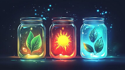 Magical nature jars containing leaf, sun, and droplet motifs perfect for environmental or eco-themed designs