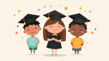 Three graduating children in caps celebrating achievement perfect for diverse education or graduation event graphics