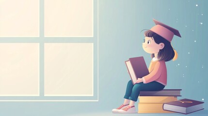 Girl reading book by window on stack of books perfect for education inspiration or study motivation designs
