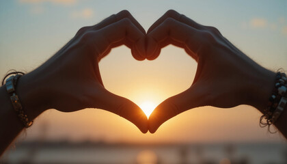 Heartfelt Sunset: A pair of hands form a heart shape against the backdrop of a vibrant sunset, showcasing a moment of love, hope, and appreciation for life's beauty.