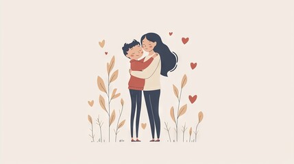 Loving mother embracing her son with heart motifs perfect for family love or parenting visuals