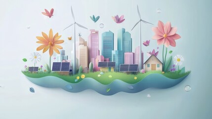 Floating eco-city island with flowers and wind turbines perfect for green urban planning or sustainability infographics