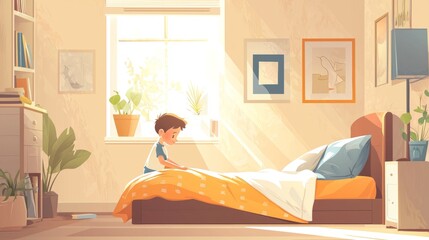 Young boy reading in a sunlit bedroom perfect for cozy home or educational lifestyle designs