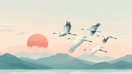 Silhouetted cranes flying over misty mountains at sunrise perfect for nature documentary or travel designs