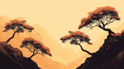 Silhouetted trees on a rocky cliff against golden sky perfect for dramatic landscape or fantasy background