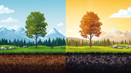Seasonal ground cross-section with lush tree and autumn foliage perfect for environmental illustration or ecological infographic