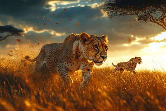 majestic african savanna showcasing lions and cheetahs in their natural habitat.
