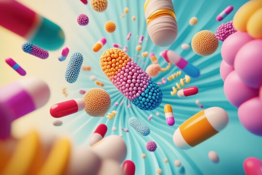 3D abstract representation of ADHD with swirling colorful patterns and scattered icons with copy space. Soft lighting. Modern digital background. 