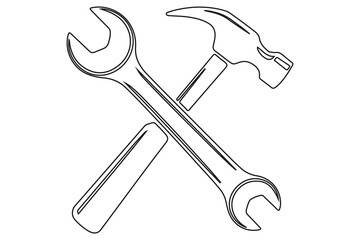 crossed hammer and wrench continues line art vector illustration
