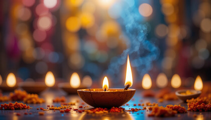 Diya Lamps Aglow: Warm, flickering flames dance in an artful display of diya lamps, each one a beacon of light and hope.