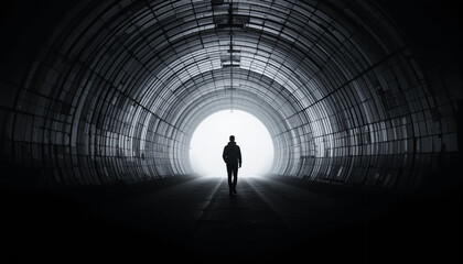 Into the Light: A solitary figure walks towards a bright light at the end of a dark and mysterious tunnel, symbolizing hope, determination, and the journey towards a brighter future.