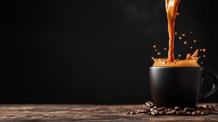 A mesmerizing shot capturing coffee being poured into a stylish black mug, surrounded by coffee beans, perfect for coffee enthusiasts and food photography lovers.