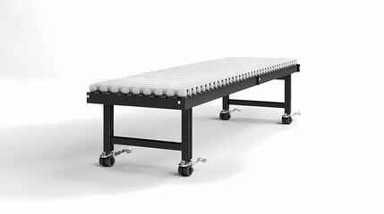 A metal roller conveyor table with wheels designed for moving items efficiently in industrial or warehouse settings.