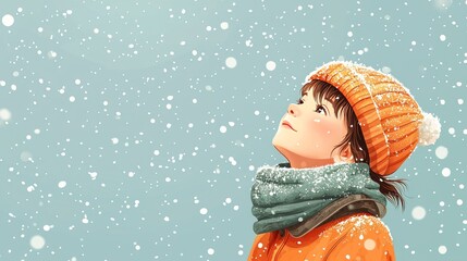 Child in winter coat and knit cap looking up at falling snow perfect for winter season or holiday greetings