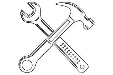 crossed hammer and wrench continues line art vector illustration
