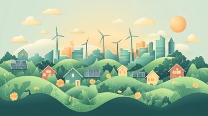 Green cityscape with wind turbines and solar panels perfect for smart city or sustainable urban planning visuals