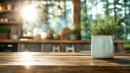 A serene image of a potted herb basking in warm sunlight, adding a touch of nature and freshness to a rustic kitchen setting, reflecting warmth and a homely atmosphere.