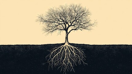 Bare tree silhouette with exposed roots on beige background perfect for growth concept or conservation designs