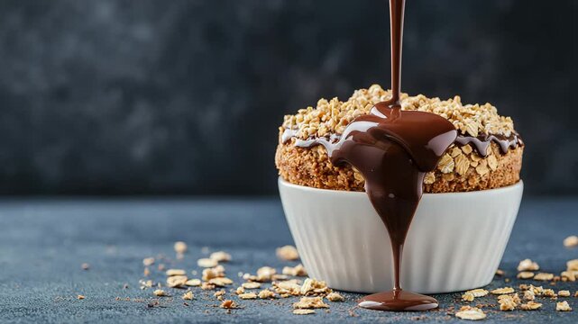 Decadent Chocolate Drizzle Over Nutty Dessert in White Bowl