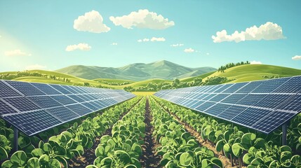 Rows of solar panels stretching over fertile farmland at sunrise perfect for solar energy marketing or agrivoltaic concepts