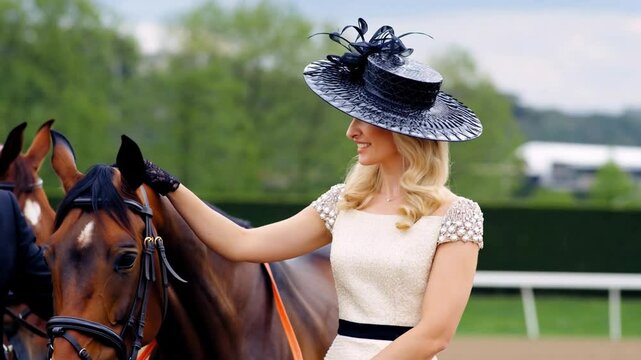 An elegant blond woman wears a decorative dark blue hat at a horse racing event. She sports a decorative cream dress. Lively racetrack spring atmosphere. High society