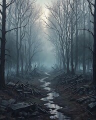 Obraz premium Misty Forest Path: Ruins and Stream