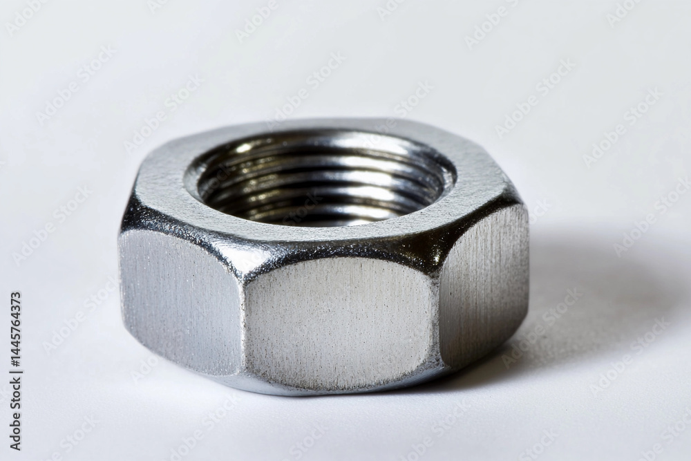 Poster Close-up view of a metal nut on a clean white background Generative AI