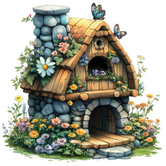 Fototapeta premium Whimsical Cottage in Bloom: A charming stone cottage with a thatched roof, adorned with vibrant flowers and butterflies, embodies a scene of idyllic beauty and peaceful living. 