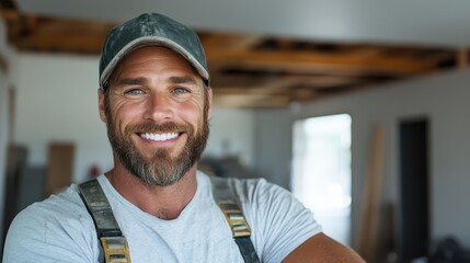 A smiling construction worker wearing a gray cap exudes positivity and strength, demonstrating commitment and hard work in the vibrant atmosphere of a building site.